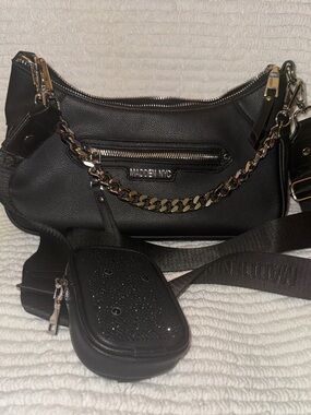 Madden NYC-  Sleek Black Faux Leather-Crossbody Bag w/ Detachable Strap+Mini